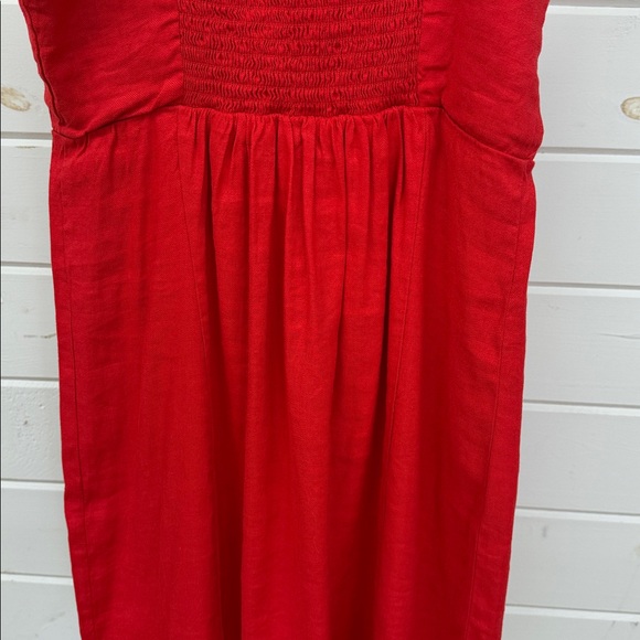 Halston Sheath Linen Blend Smocked Back Mini Square Neck Dress Red Women's 8 - Picture 6 of 10